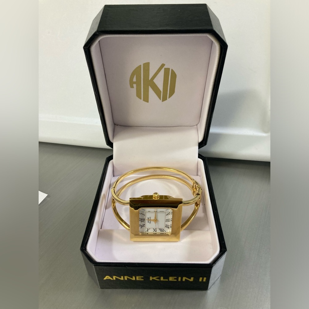 Anne Klein II quartz gold tone watch, square case, new battery, with box